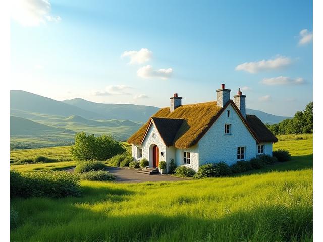 Cozy Irish cottage with green fields, representing property insurance.